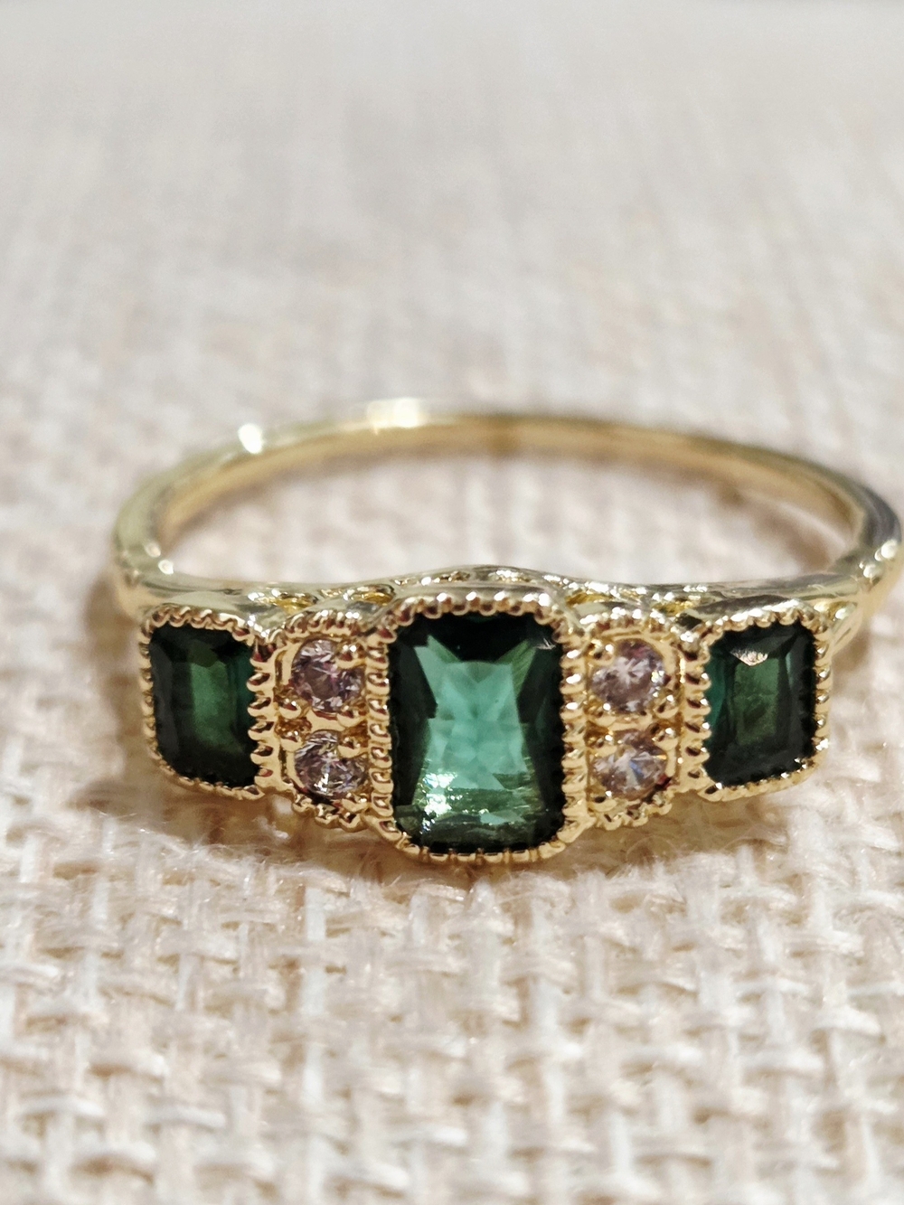 Gold Emerald Green Lab Emerald Bar Ring